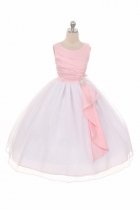 Pink/White Satin Surplice Top with Double Layer Tulle Flower Girl Dress