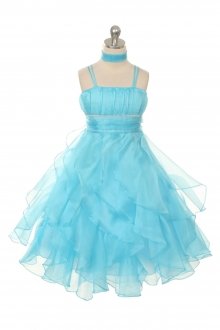 Aqua Crystal Pleated Extravagent Multi-layered Petal Flower Girls Dress