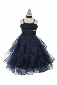 Navy Blue Crystal Pleated Extravagent Multi-layered Petal Flower Girls Dress