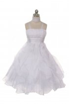 White Crystal Pleated Extravagent Multi-layered Petal Flower Girls Dress