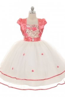 Beautiful Laced Top with Two-Tiered Tulle Flower Girls Dress Coral