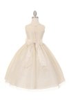 Elegant Simple Mesh Baby Polka Dots Tea Length Flower Girls Dress with Bow Accent - Champagne