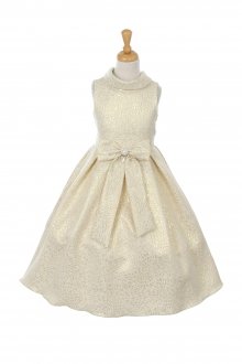 Elegant Tear Drop Jacquard Decorated Flower Girls Dress with Lurex Thread, Ribbon and Rhinestone Pearl Broach - Ivory/Gold Elegant Tear Drop Jacquard Decorated Flower Girls Dress with Lurex Thread, Ribbon and Rhinestone Pearl Broach - Ivory/Gold