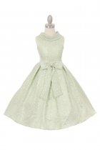 Elegant Tear Drop Jacquard Decorated Flower Girls Dress with Lurex Thread, Ribbon and Rhinestone Pearl Broach - Sage