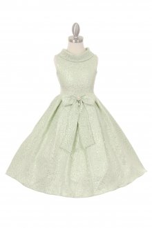 Elegant Tear Drop Jacquard Decorated Flower Girls Dress with Lurex Thread, Ribbon and Rhinestone Pearl Broach - Sage Elegant Tear Drop Jacquard Decorated Flower Girls Dress with Lurex Thread, Ribbon and Rhinestone Pearl Broach - Sage