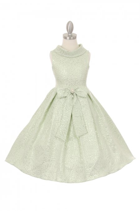 Elegant Tear Drop Jacquard Decorated Flower Girls Dress with Lurex Thread, Ribbon and Rhinestone Pearl Broach - Sage