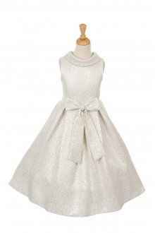Elegant Tear Drop Jacquard Decorated Flower Girls Dress with Lurex Thread, Ribbon and Rhinestone Pearl Broach - White/Silver Elegant Tear Drop Jacquard Decorated Flower Girls Dress with Lurex Thread, Ribbon and Rhinestone Pearl Broach - White/Silver