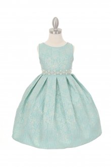 Mint Metallic Embroidered Jacquard Flower Girl Dres