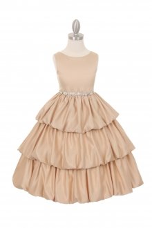 Champagne 3 Layer Bubble Dress with Pearl Organza Ribbon Belt