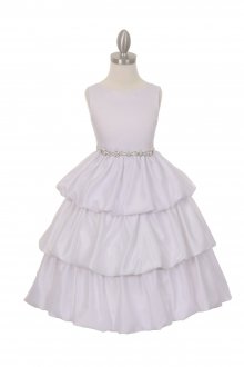 White 3 Layer Bubble Dress with Pearl Organza Ribbon Belt