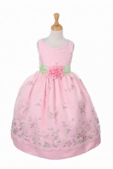 Pink Satin & Embroidered Organza Flower Girl Dress
