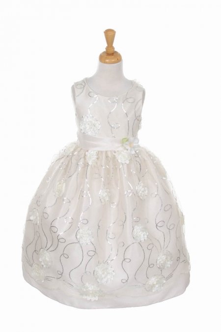 Ivory 3D Flower Sequin Lace Dress with Flower Accent Flower Girl Dress