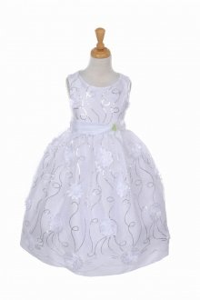 White 3D Flower Sequin Lace Dress with Flower Accent Flower Girl Dress