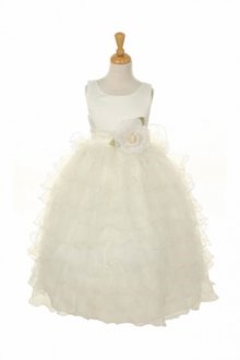 Ivory/Ivory Satin and Ruffled Organza Skirt Flower Girl Dress