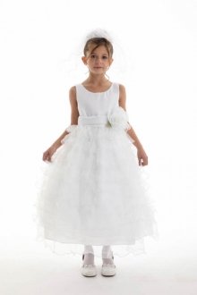 White/White Satin and Ruffled Organza Skirt Flower Girl Dress