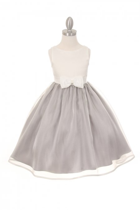 Ivory/Silver Satin Overlay Organza Flower Girl Dress