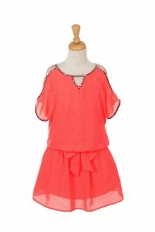 Coral Chiffon Open Shoulder Slit With Rhinestones Girls Dress 