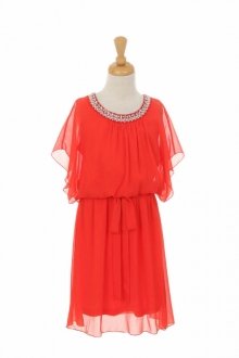 Coral Elegant Pearl Beaded Yuro Chiffon Dress 