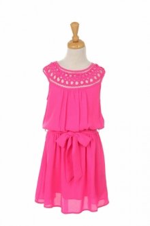 Fuchsia Chiffon Dress with Aztec Neckline Design 