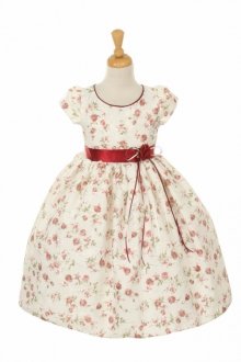 Burgundy Short Sleeve Jacquard Dress with Printed Floral Flower Girl Dress Burgundy Short Sleeve Jacquard Dress with Printed Floral Flower Girl Dress