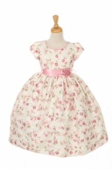 Pink Short Sleeve Jacquard Dress with Printed Floral Flower Girl Dress Pink Short Sleeve Jacquard Dress with Printed Floral Flower Girl Dress