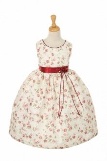 Burgundy Sleeveless Jacquard Dress with Printed Floral Flower Girl Dress Burgundy Sleeveless Jacquard Dress with Printed Floral Flower Girl Dress