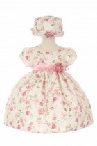 Pink Short Sleeve Jacquard Dress with Printed Floral Infant Dress 