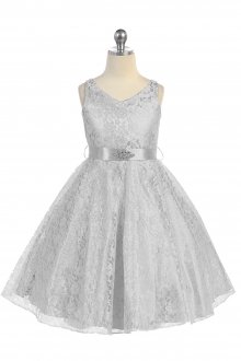 Silver Lace Floral Pattern Flower Girl Dress with Removable Satin Sash