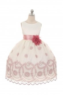 Ivory/Rose Embroidered FloweGirl Dress with sash