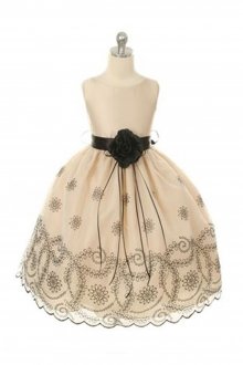 Taupe/Black Embroidered FloweGirl Dress with sash Taupe/Black Embroidered FloweGirl Dress with sash