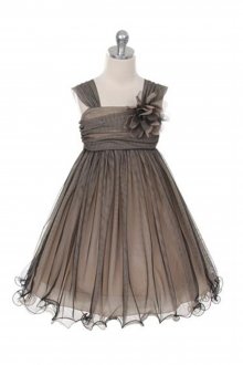 Champagne/Black Soft tulle overlay empire dress with Short Sleeves