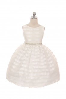 Ivory Chenille Stripe Organza Flower Girls Dress with Pearl Accents