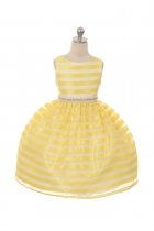 Yellow Chenille Stripe Organza Flower Girls Dress