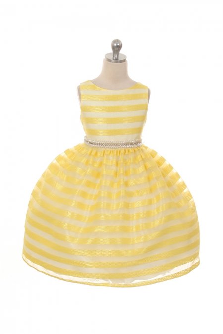 Yellow Chenille Stripe Organza Flower Girls Dress