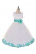 White/Mint Sleeveless Satin Flower Petal Flower Girl Dress with Sash