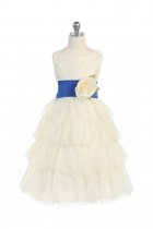 Ivory/Blue Lace Layered Dress with Detachable Organza Sash