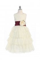 Ivory/Burgundy Lace Layered Dress with Detachable Organza Sash