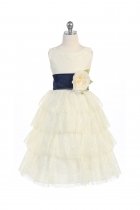 Ivory/Navy Blue Lace Layered Dress with Detachable Organza Sash