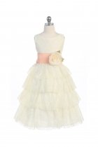 Ivory/Peach Lace Layered Dress with Detachable Organza Sash