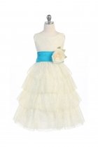Ivory/Turquoise Lace Layered Dress with Detachable Organza Sash