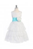 White/Aqua Lace Layered Dress with Detachable Organza Sash