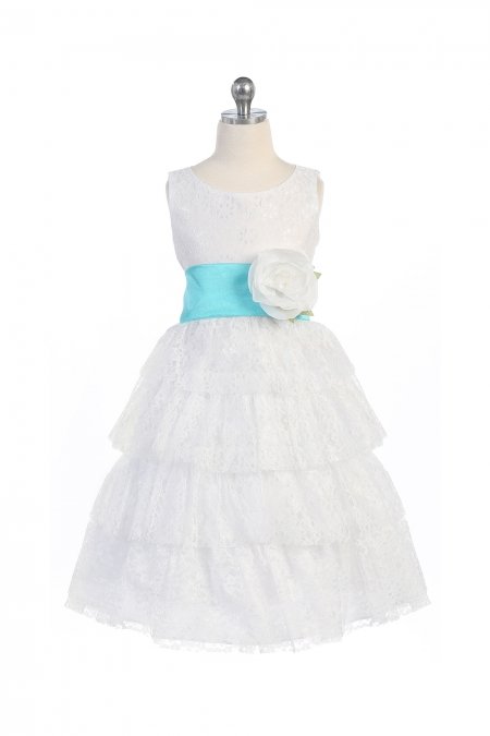 White/Aqua Lace Layered Dress with Detachable Organza Sash