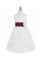 White/Burgundy Lace Layered Dress with Detachable Organza Sash