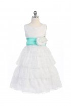 White/Mint Lace Layered Dress with Detachable Organza Sash