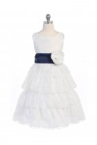 White/Navy Blue Lace Layered Dress with Detachable Organza Sash