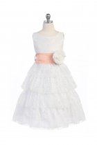 White/Peach Lace Layered Dress with Detachable Organza Sash