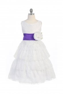White/Purple Lace Layered Dress with Detachable Organza Sash