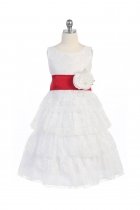 White/Red Lace Layered Dress with Detachable Organza Sash