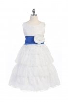 White/Blue Lace Layered Dress with Detachable Organza Sash