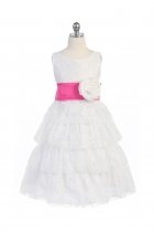 White/Fuchsia Lace Layered Dress with Detachable Organza Sash